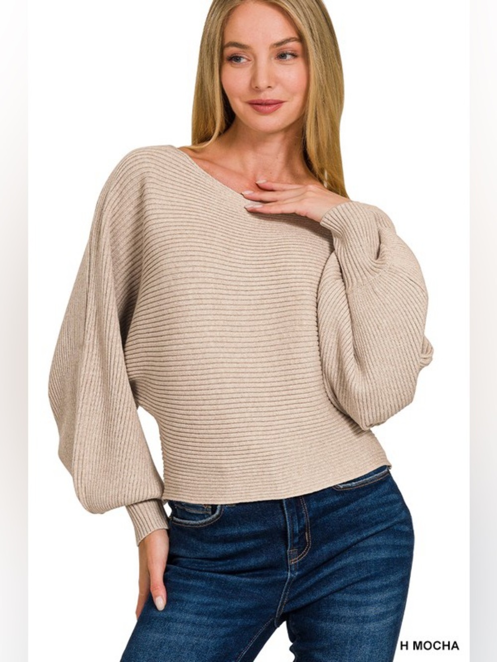 Heather Mocha Ribbed Boat Neck Balloon-Sleeve Sweater - Picture 3 of 5
